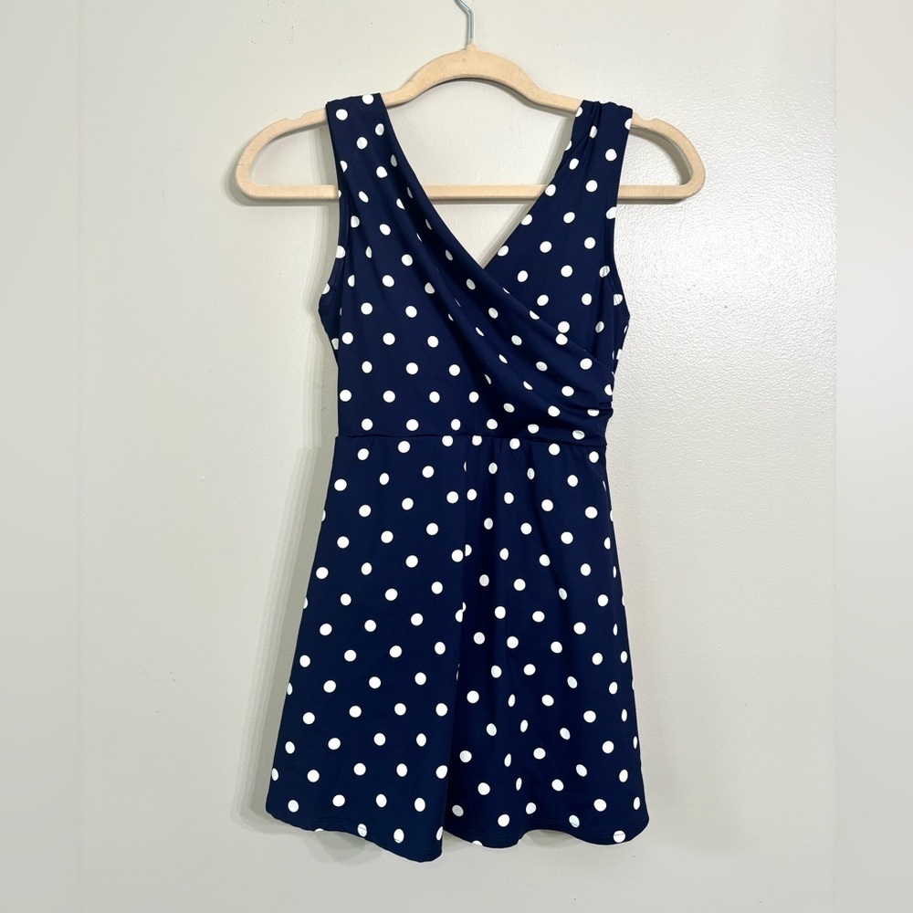 Land’s End Polka Dot Wrap One Piece Swim Dress - Picture 2 of 8